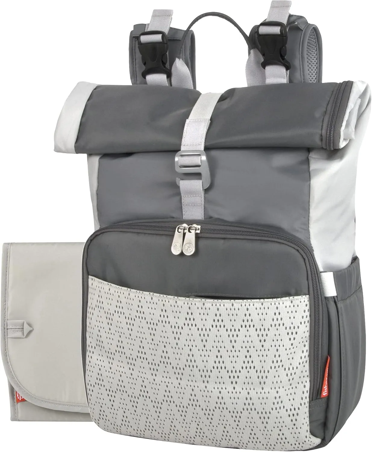 Fisher-Price Multi-Pocket (13) Grey Roll Top Diaper Bag Backpack with Portable Changing Pad, Stroller Straps, Wipes, Bottle, Tablet Pockets
