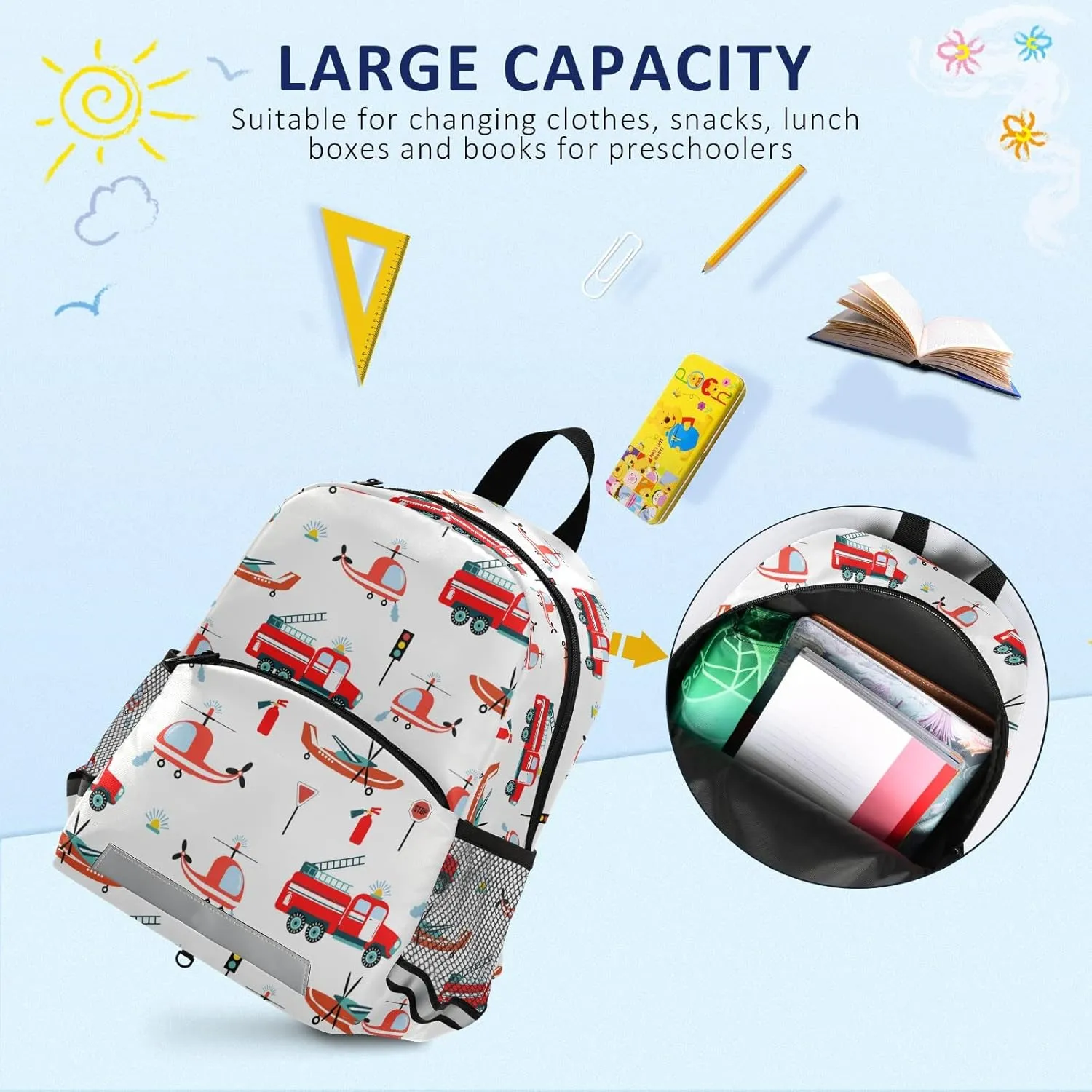 Fisyme Fire Trucks Helicopter Airplane Backpack Schoolbag Kids Daypack Toddler Travel School Bag Small Mini Backpacks for Kindergarten Preschool Nursery Children Boys Girls with Chest Strap