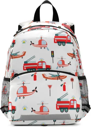 Fisyme Fire Trucks Helicopter Airplane Backpack Schoolbag Kids Daypack Toddler Travel School Bag Small Mini Backpacks for Kindergarten Preschool Nursery Children Boys Girls with Chest Strap