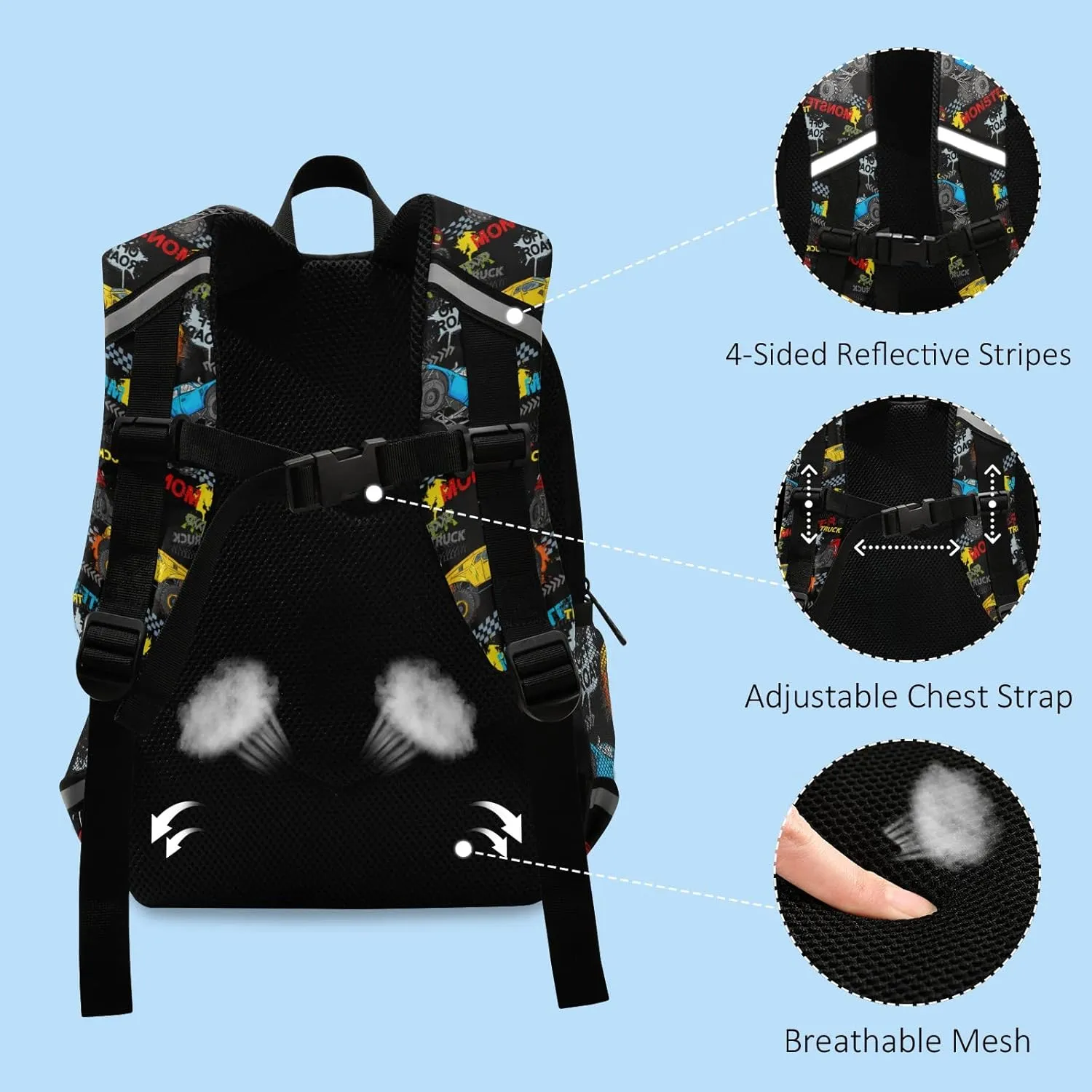 Fisyme Monster Truck Car Colorful Backpack Schoolbag Kids Daypack Toddler Travel School Bag Small Mini Backpacks for Kindergarten Preschool Nursery Children Boys Girls with Chest Strap