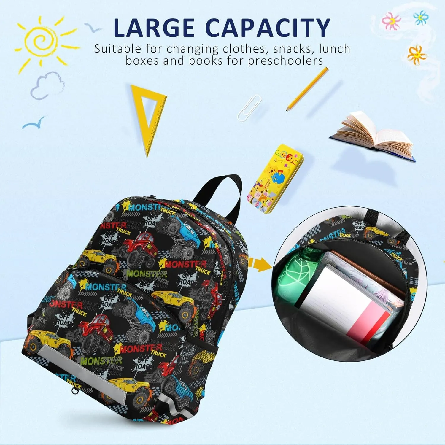 Fisyme Monster Truck Car Colorful Backpack Schoolbag Kids Daypack Toddler Travel School Bag Small Mini Backpacks for Kindergarten Preschool Nursery Children Boys Girls with Chest Strap