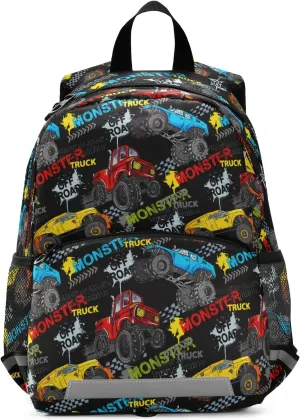 Fisyme Monster Truck Car Colorful Backpack Schoolbag Kids Daypack Toddler Travel School Bag Small Mini Backpacks for Kindergarten Preschool Nursery Children Boys Girls with Chest Strap