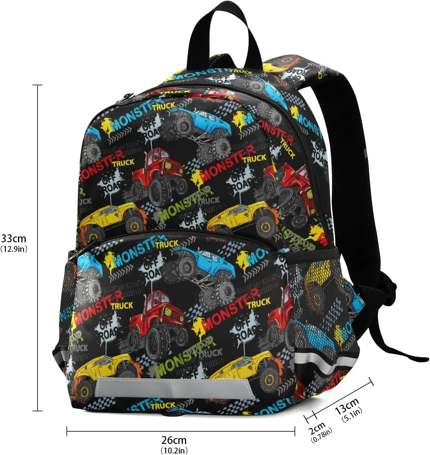 Fisyme Monster Truck Car Colorful Backpack Schoolbag Kids Daypack Toddler Travel School Bag Small Mini Backpacks for Kindergarten Preschool Nursery Children Boys Girls with Chest Strap