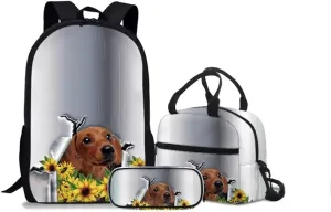 FKELYI 3 Piece Doxie Dog Backpack Girls Boys School Bag Bookbag for Kids Elementary Lunch Box Pencil Holder