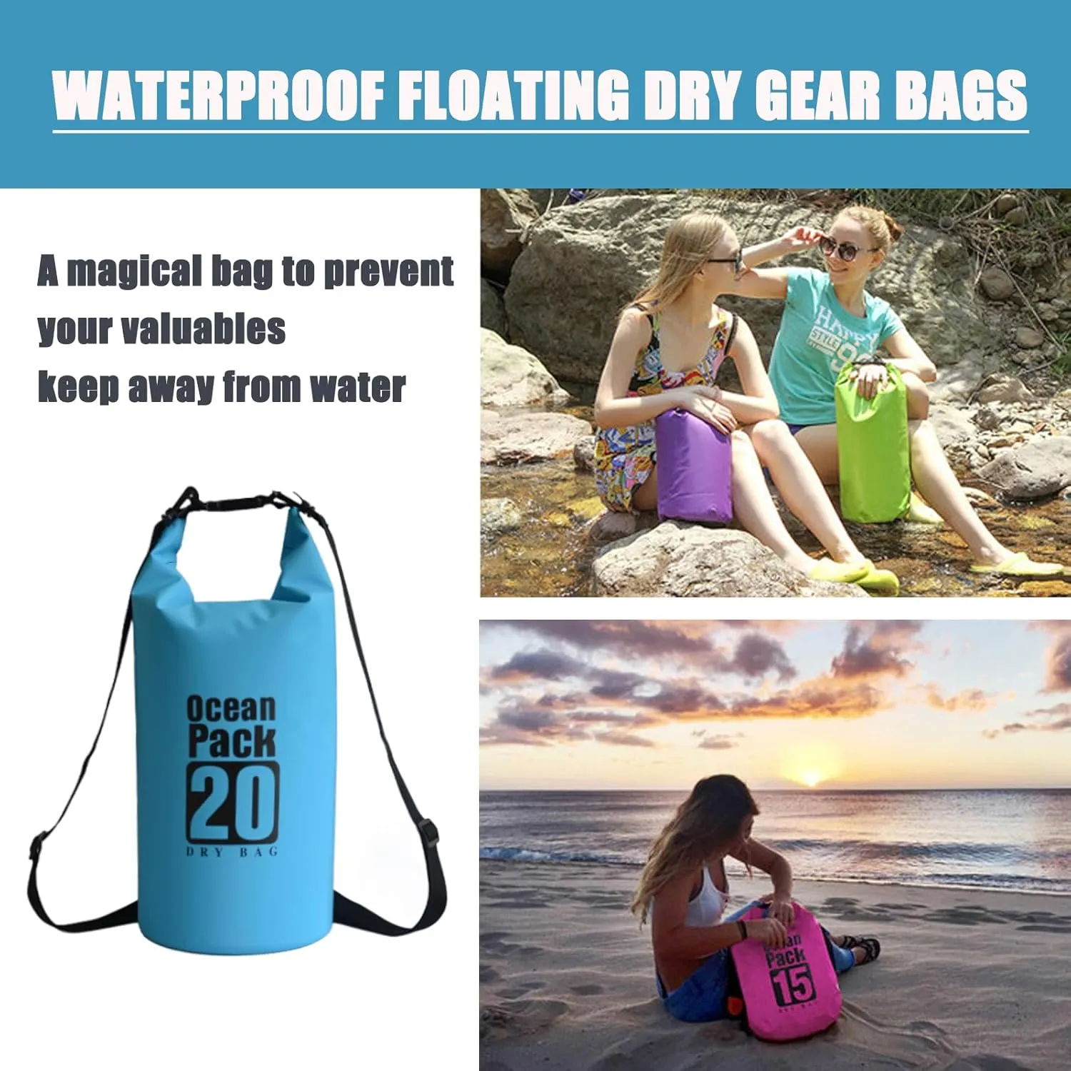 Floating Waterproof Dry Bag Backpack 5L/10L/20L, Roll Top Bag for Kayaking, Rafting, Boating, Swimming, Camping, Hiking, Beach, Fishing, Waterproof Beach Bag. (Blue, 20L)