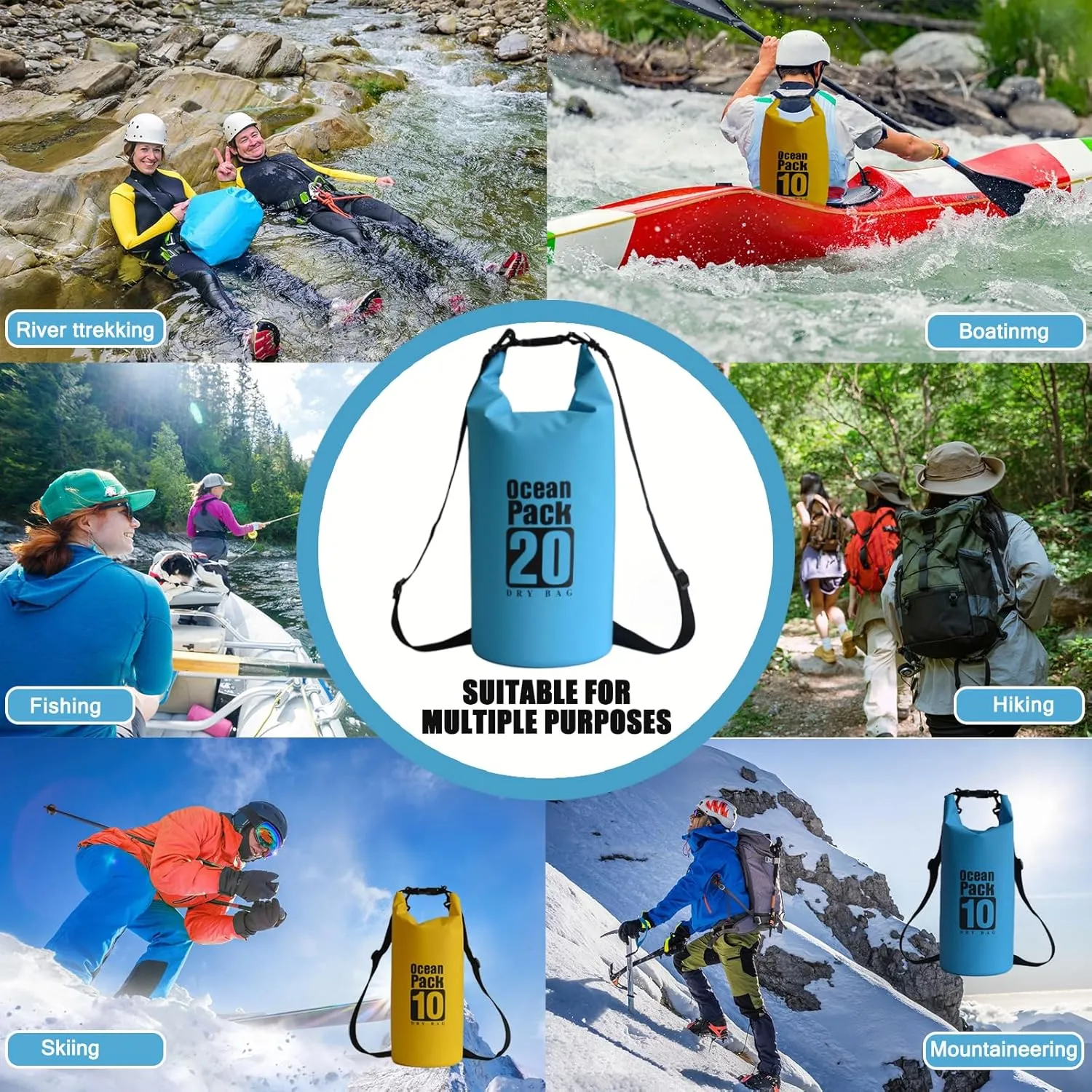 Floating Waterproof Dry Bag Backpack 5L/10L/20L, Roll Top Bag for Kayaking, Rafting, Boating, Swimming, Camping, Hiking, Beach, Fishing, Waterproof Beach Bag. (Blue, 20L)