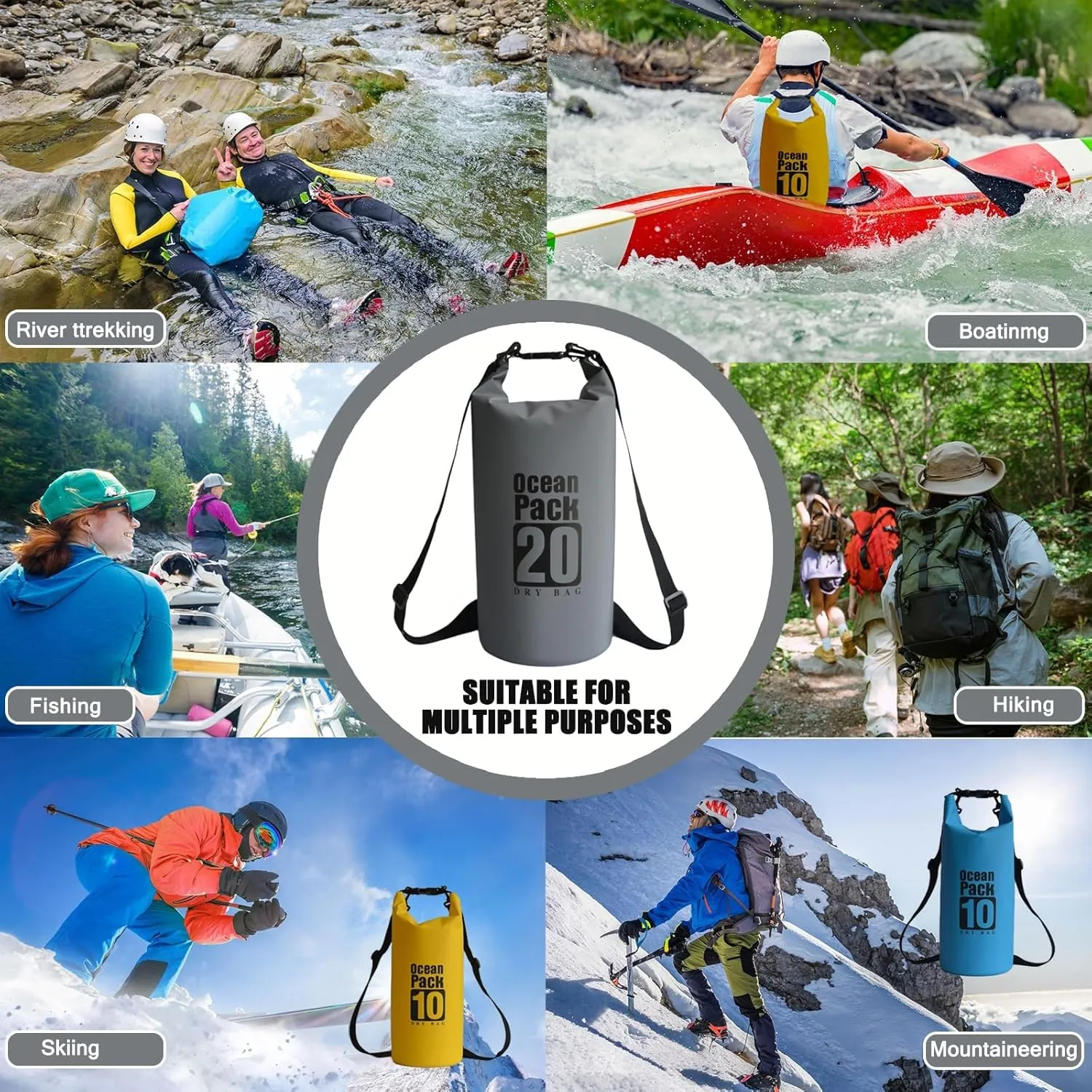Floating Waterproof Dry Bag Backpack 5L/10L/20L, Roll Top Bag for Kayaking, Rafting, Boating, Swimming, Camping, Hiking, Beach, Fishing, Waterproof Beach Bag. (Gray, 20L)