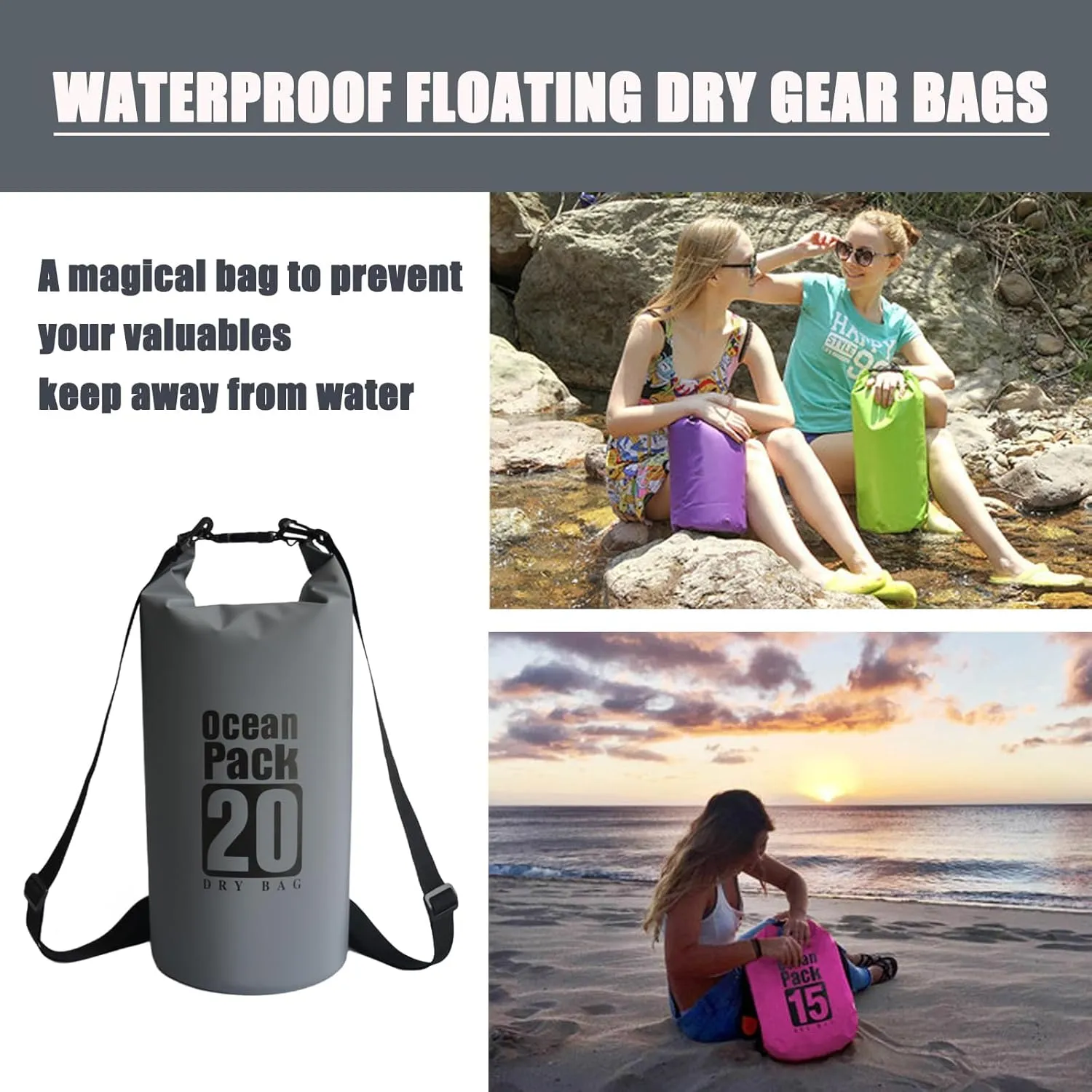 Floating Waterproof Dry Bag Backpack 5L/10L/20L, Roll Top Bag for Kayaking, Rafting, Boating, Swimming, Camping, Hiking, Beach, Fishing, Waterproof Beach Bag. (Gray, 20L)