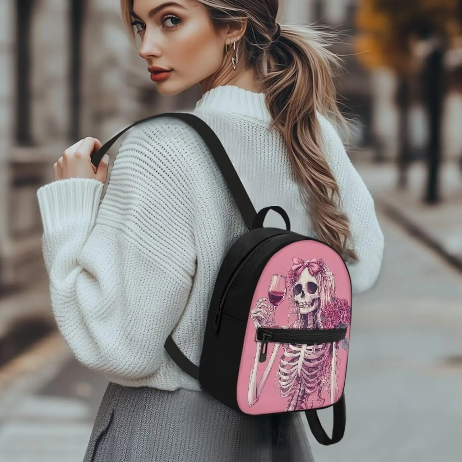 Floral Gothic Backpack Purse for Women Pink Mini Backpack with Skull Print Lightweight Small Daypack for Casual Work Travel