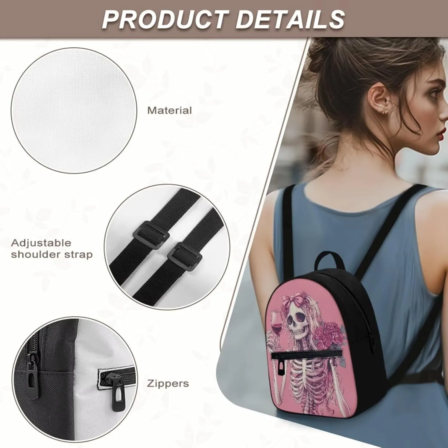 Floral Gothic Backpack Purse for Women Pink Mini Backpack with Skull Print Lightweight Small Daypack for Casual Work Travel