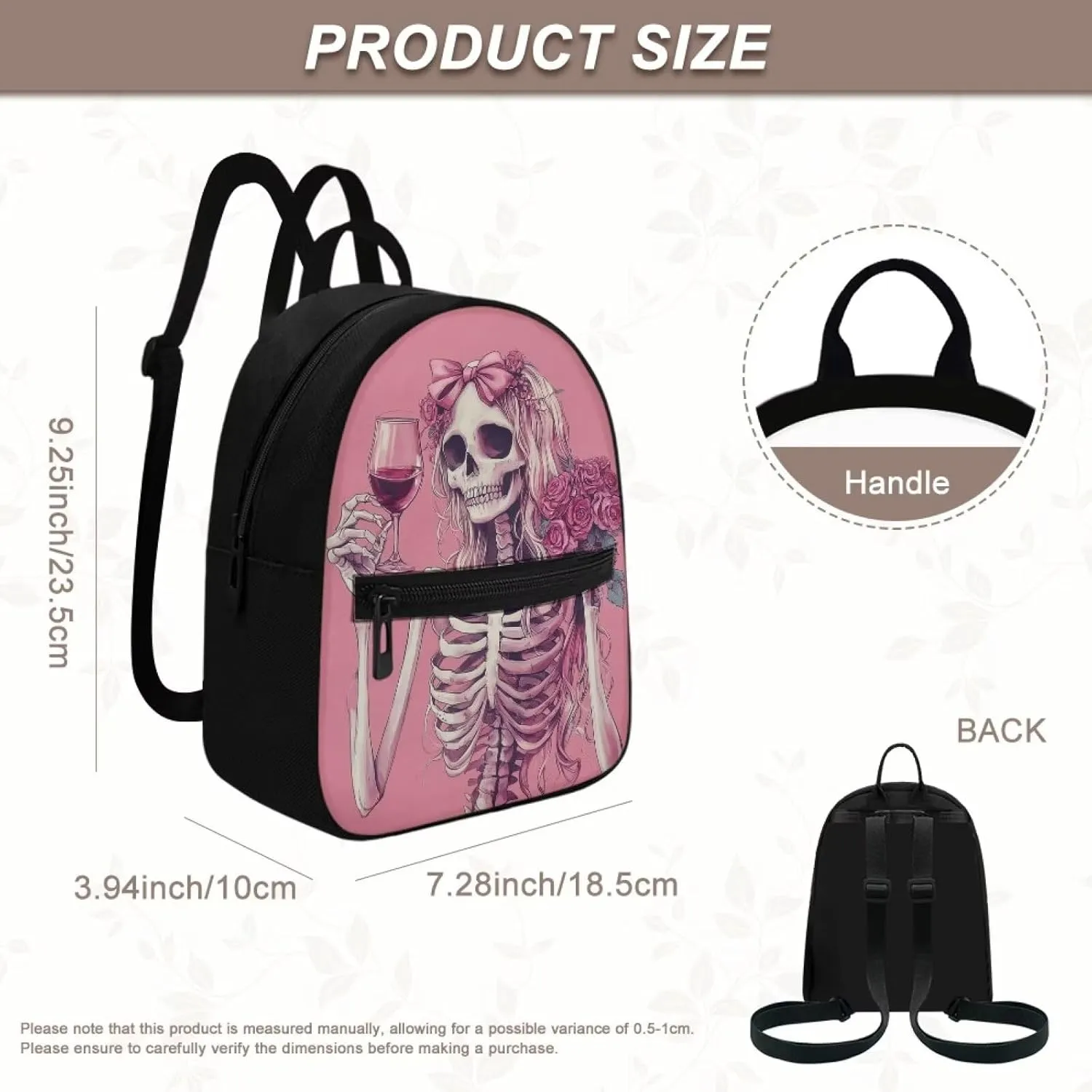 Floral Gothic Backpack Purse for Women Pink Mini Backpack with Skull Print Lightweight Small Daypack for Casual Work Travel