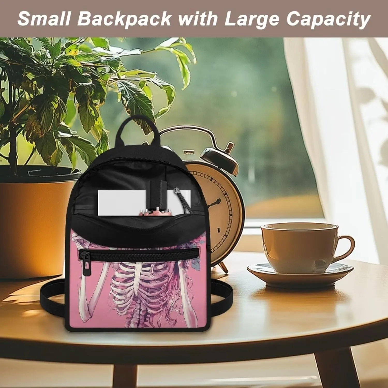 Floral Gothic Backpack Purse for Women Pink Mini Backpack with Skull Print Lightweight Small Daypack for Casual Work Travel