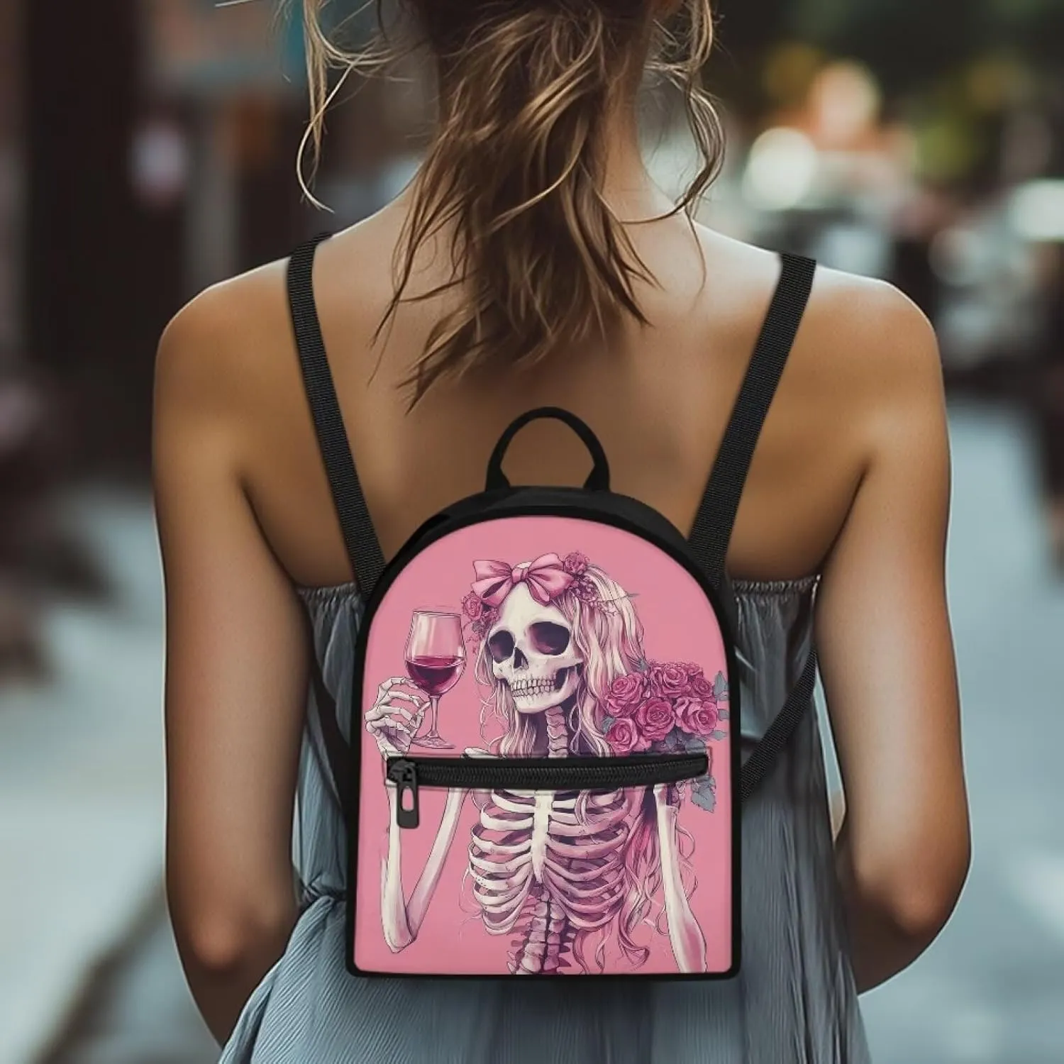 Floral Gothic Backpack Purse for Women Pink Mini Backpack with Skull Print Lightweight Small Daypack for Casual Work Travel