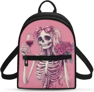 Floral Gothic Backpack Purse for Women Pink Mini Backpack with Skull Print Lightweight Small Daypack for Casual Work Travel