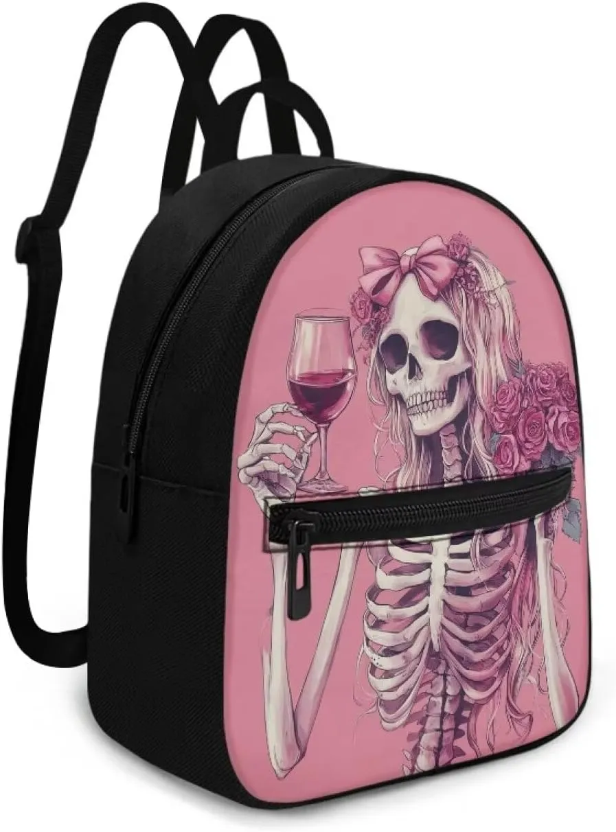 Floral Gothic Backpack Purse for Women Pink Mini Backpack with Skull Print Lightweight Small Daypack for Casual Work Travel