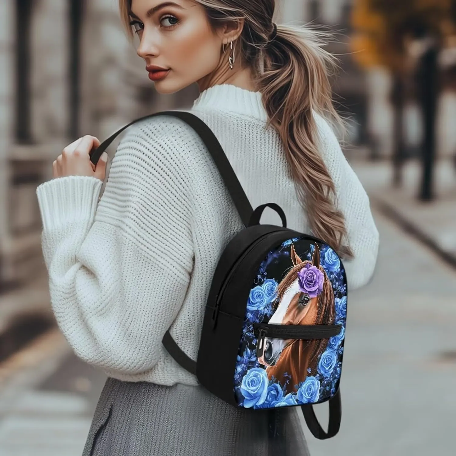Floral Horse Backpack Purse for Women Lightweight Mini Backpack with Front Pocket Small Canvas Daypack Travel Work Purse with Adjustable Strap