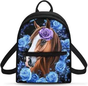 Floral Horse Backpack Purse for Women Lightweight Mini Backpack with Front Pocket Small Canvas Daypack Travel Work Purse with Adjustable Strap