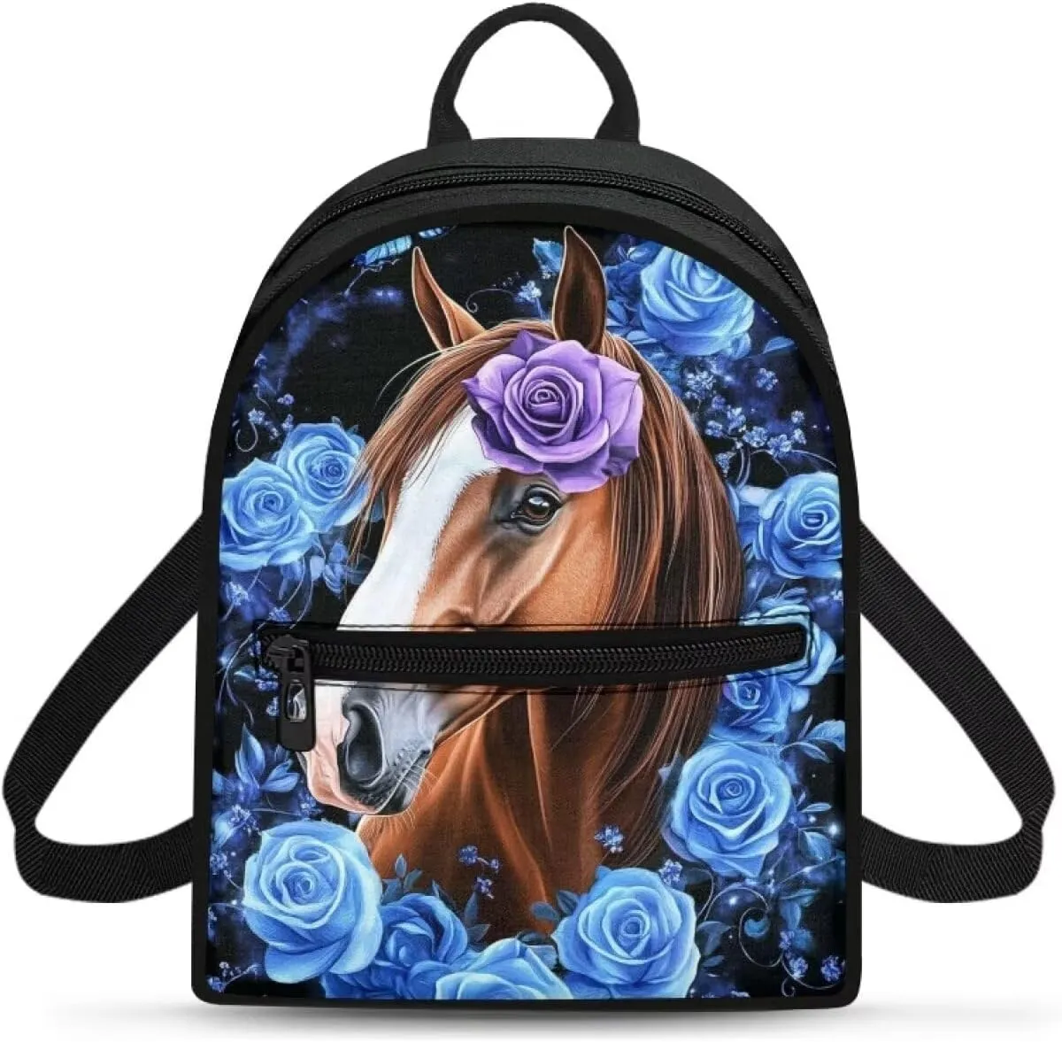 Floral Horse Backpack Purse for Women Lightweight Mini Backpack with Front Pocket Small Canvas Daypack Travel Work Purse with Adjustable Strap