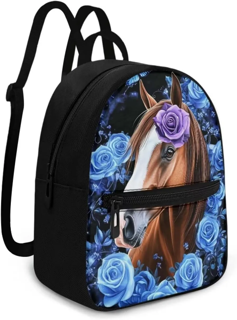 Floral Horse Backpack Purse for Women Lightweight Mini Backpack with Front Pocket Small Canvas Daypack Travel Work Purse with Adjustable Strap