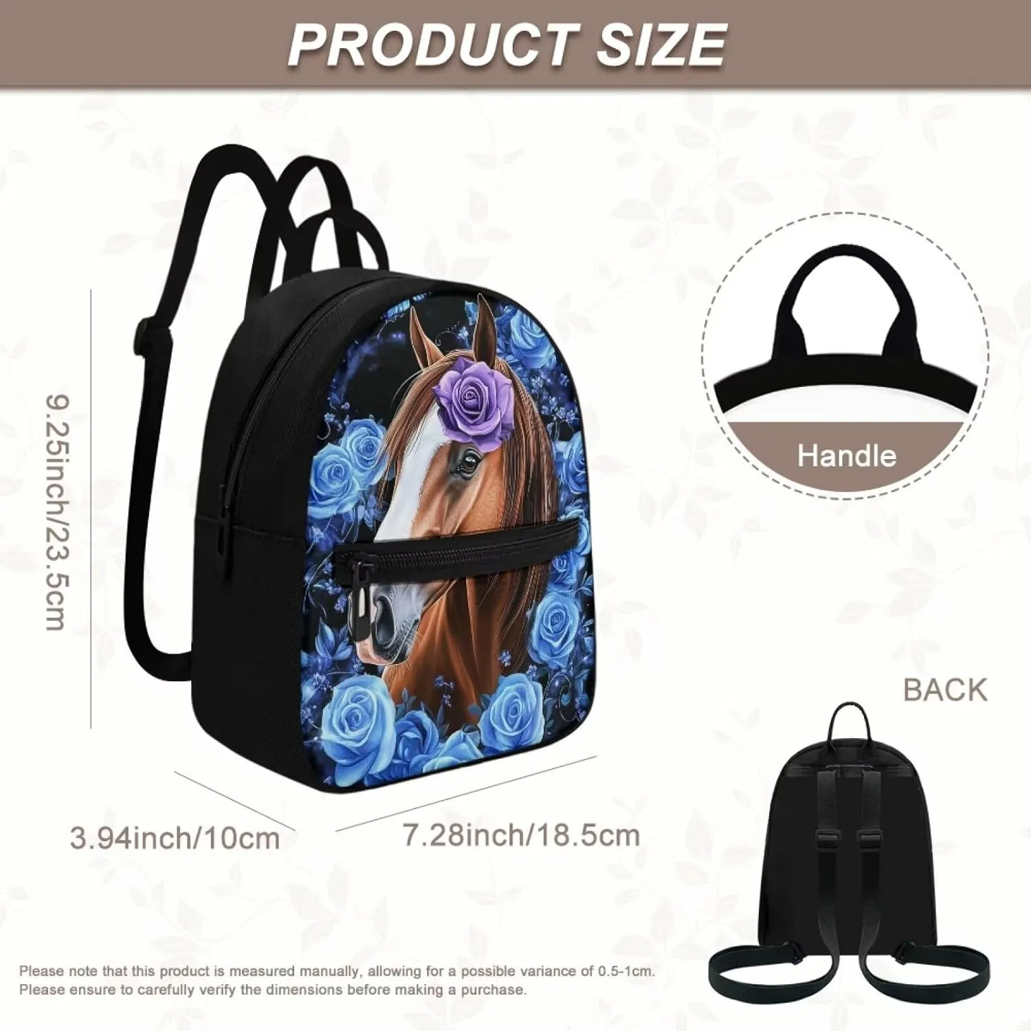 Floral Horse Backpack Purse for Women Lightweight Mini Backpack with Front Pocket Small Canvas Daypack Travel Work Purse with Adjustable Strap