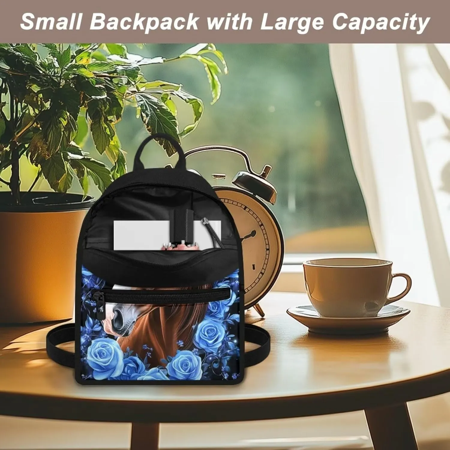 Floral Horse Backpack Purse for Women Lightweight Mini Backpack with Front Pocket Small Canvas Daypack Travel Work Purse with Adjustable Strap