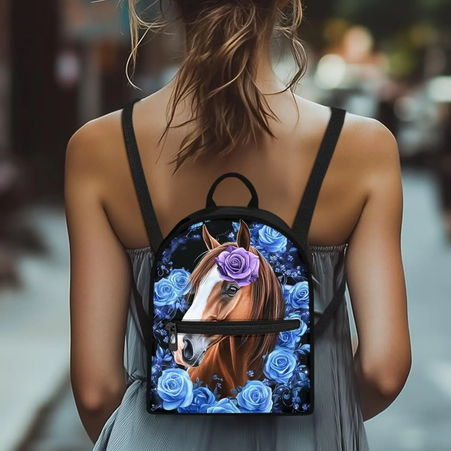 Floral Horse Backpack Purse for Women Lightweight Mini Backpack with Front Pocket Small Canvas Daypack Travel Work Purse with Adjustable Strap