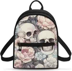 Floral Skull Backpack Purse for Women Vintage Trendy Mini Backpack with Pockets Canvas Lightweight Travel Bag for Work Travel