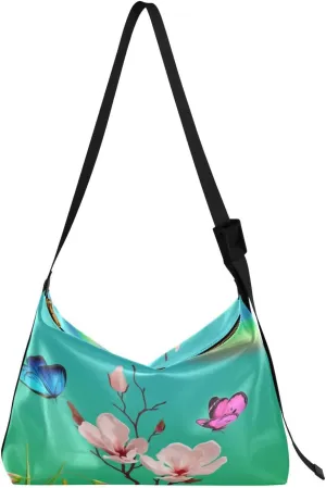 Flower Flying Butterfly Hobo Crossbody Bags for Women Leather Large Shoulder Bag Cross Body Spring Garden Trendy Womens Tote Bags Handbag for Travel Shopping