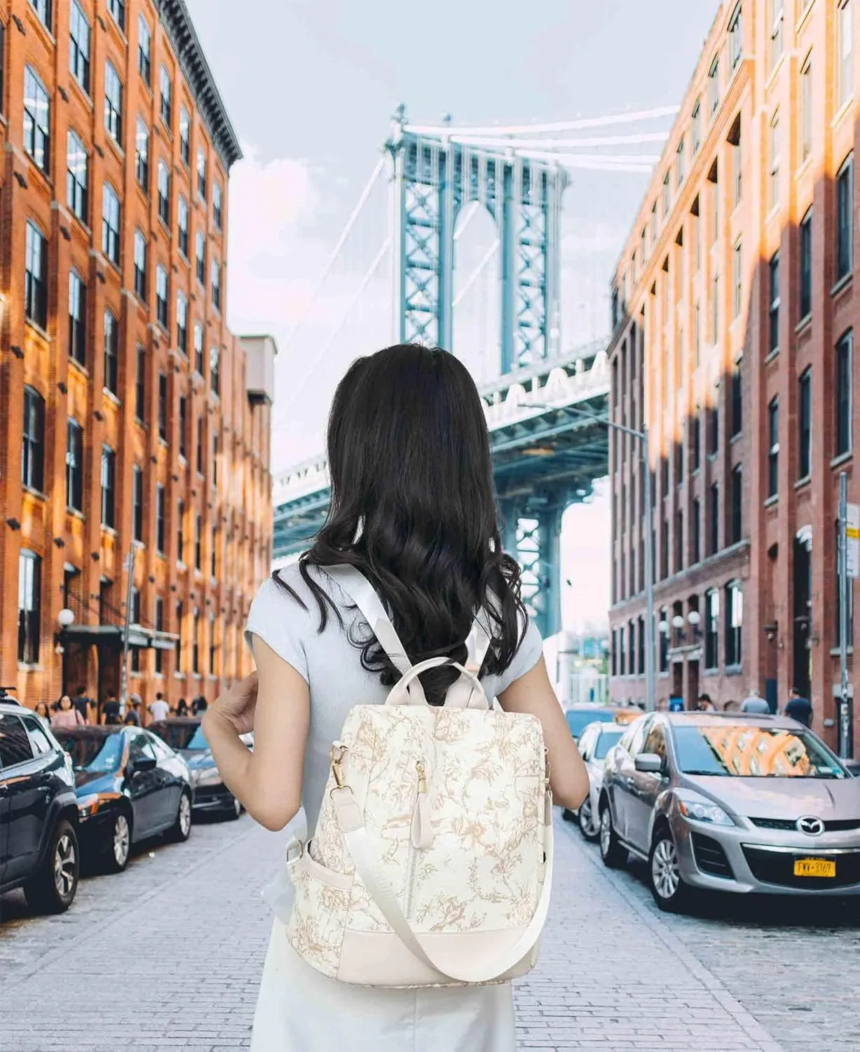 Flower Pattern Women Backpack Ladies Shoulder Bag Convertible Anti Theft Daypack Satchel Bag PU Leather (Blue)