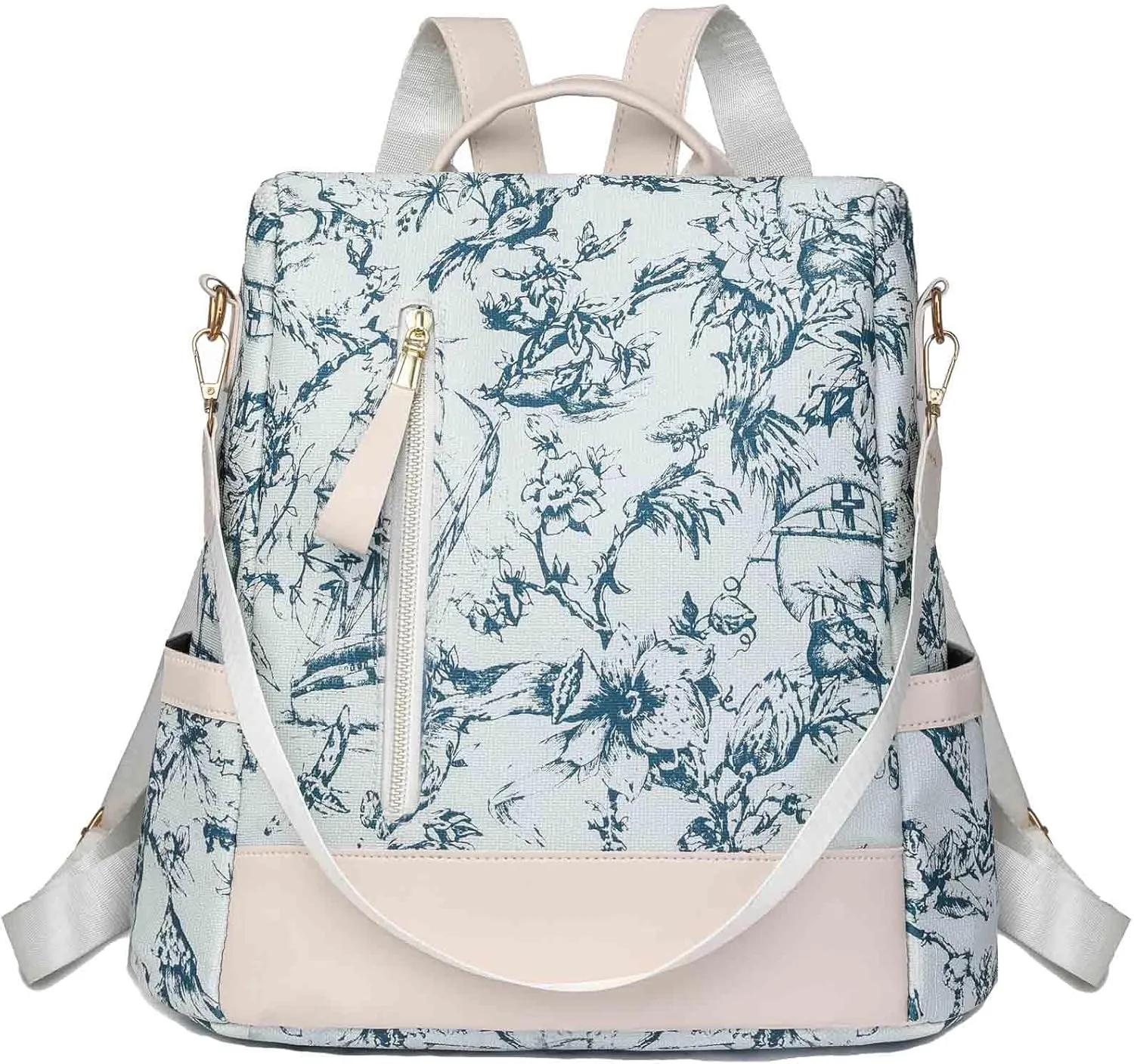 Flower Pattern Women Backpack Ladies Shoulder Bag Convertible Anti Theft Daypack Satchel Bag PU Leather (Blue)