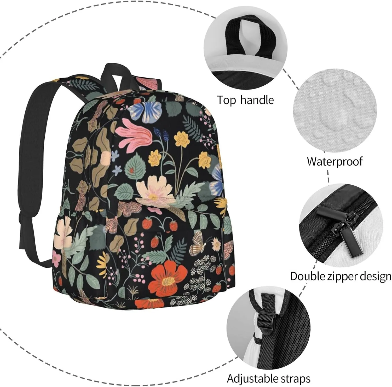 Flowers And Strawberries Stylish Backpack With Adjustable Padded Shoulder Straps Daypacks For College Travel