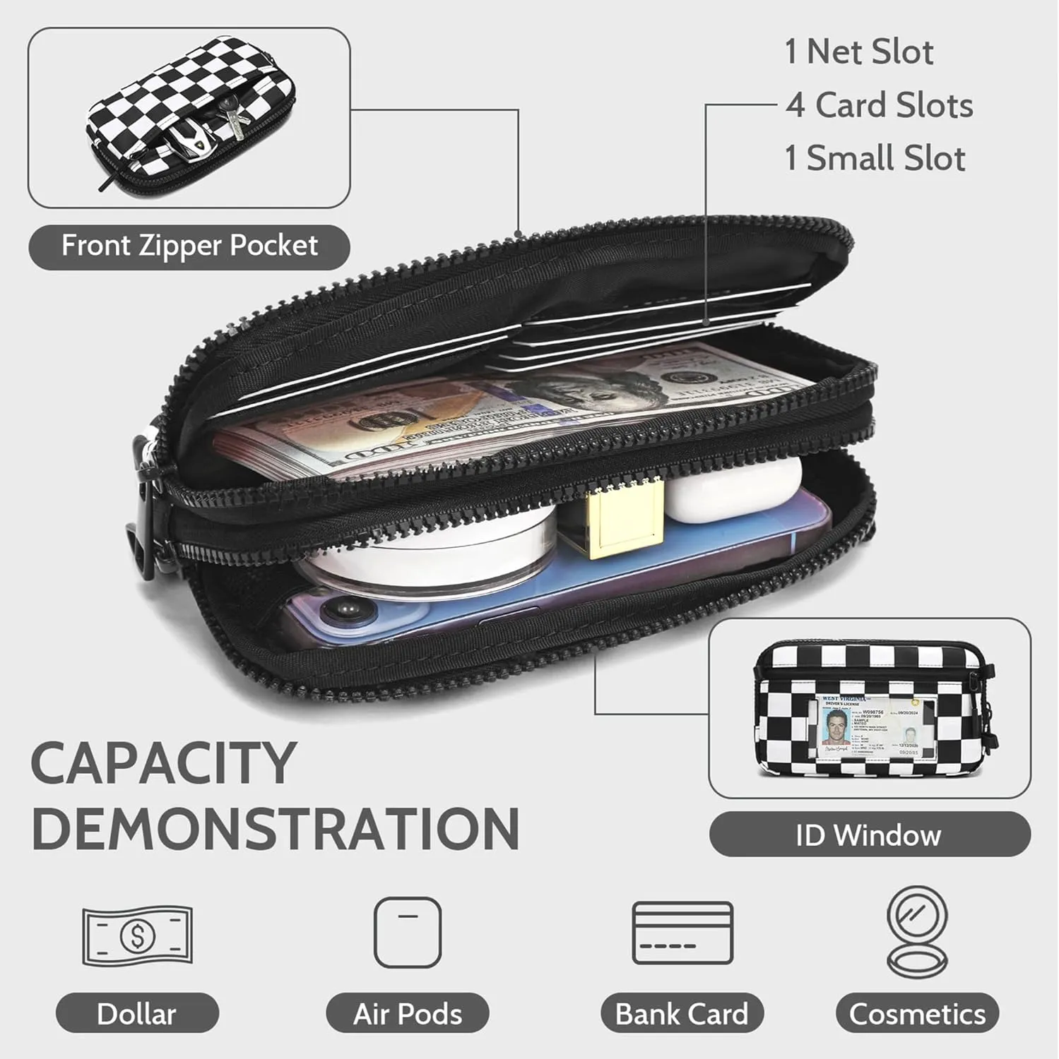FODOKO Wristlet wallets for women Nylon Quilted Wallet with 4 Zippers,Travel Credit Card,Holder Cell Phone Organizer,coin purse