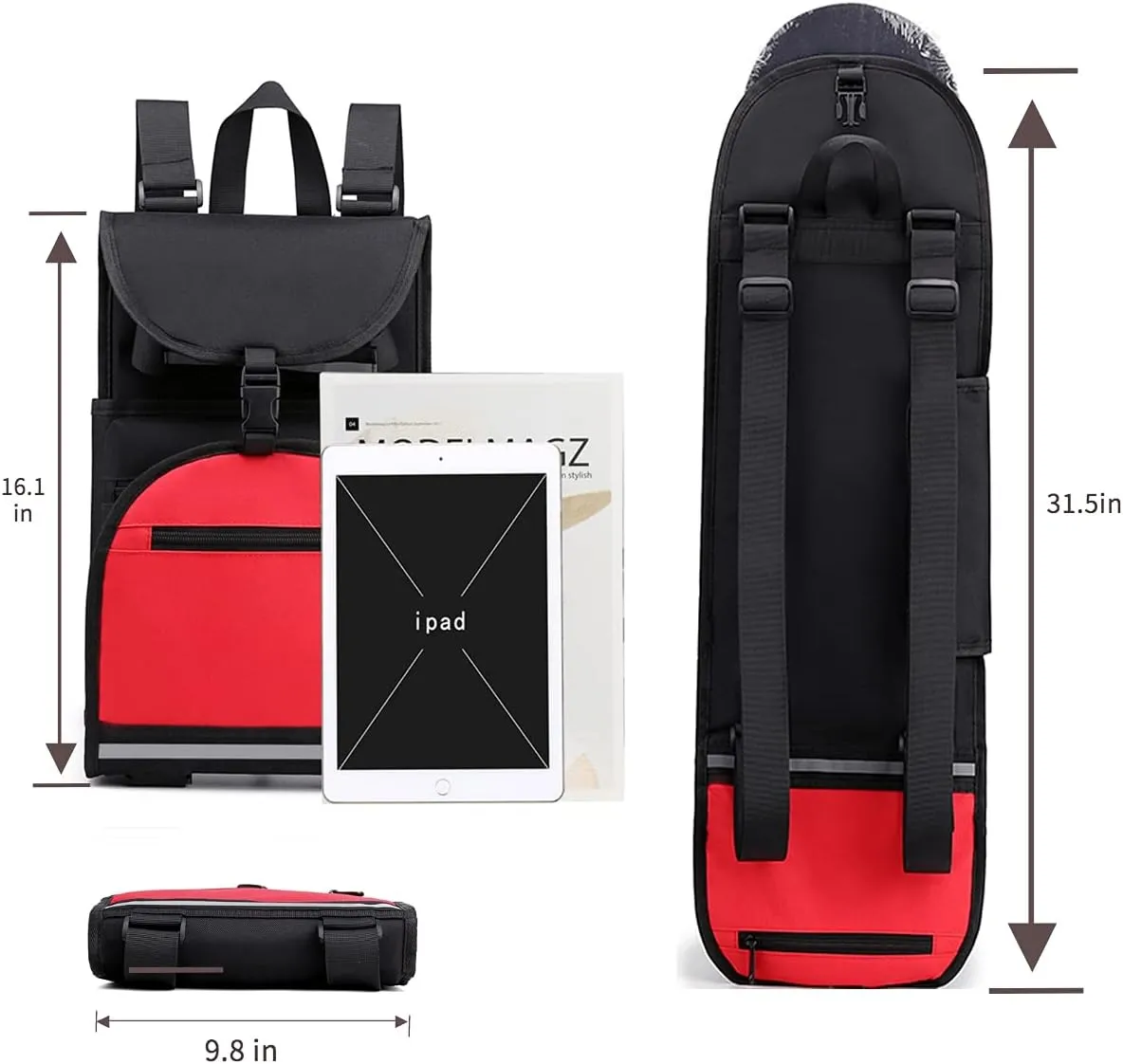 Foldable Skateboard Backpack Bag Carrier with Adjustable Shoulder Straps for Double Kick Longboard Electric Skateboard, Unisex
