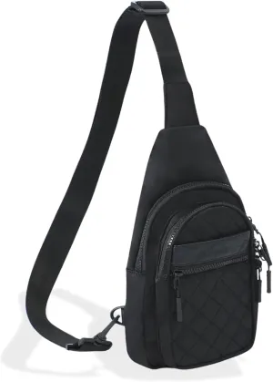 FORZAROCKET Sling Bag Double Compartment w/Long Strap 66" - Crossbody Bag w/Extended Strap - Women Men Fanny Pack - Two-Way Durable Zipper - Compact Sling Backpack - Plus Size Friendly, Black Quilted