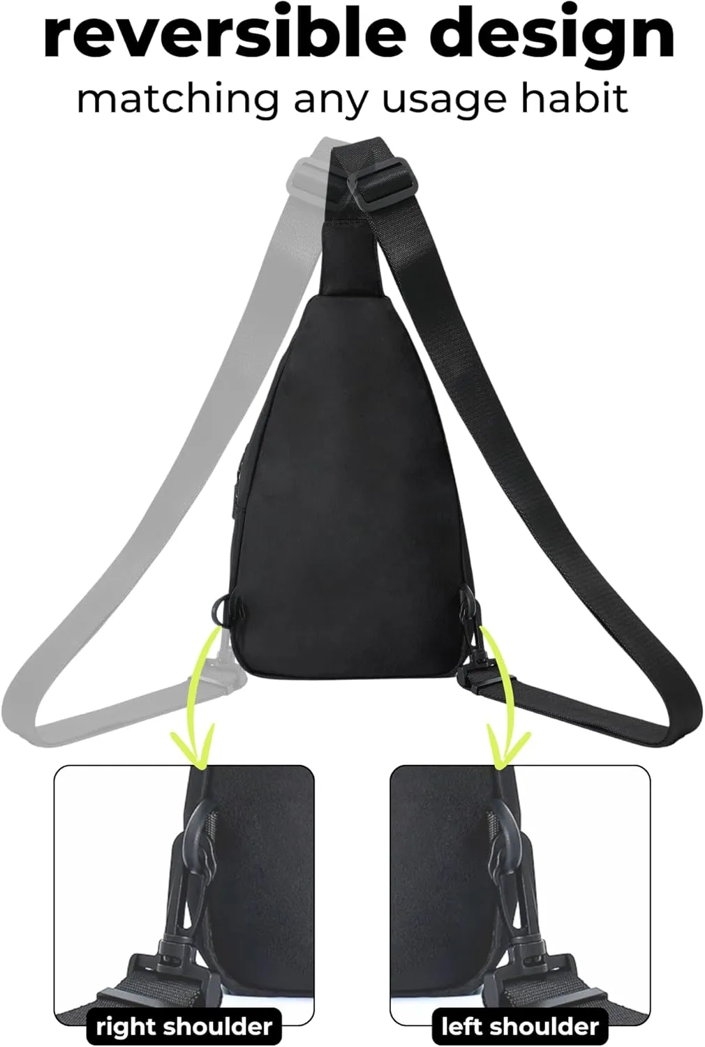 FORZAROCKET Sling Bag Double Compartment w/Long Strap 66" - Crossbody Bag w/Extended Strap - Women Men Fanny Pack - Two-Way Durable Zipper - Compact Sling Backpack - Plus Size Friendly, Black Quilted