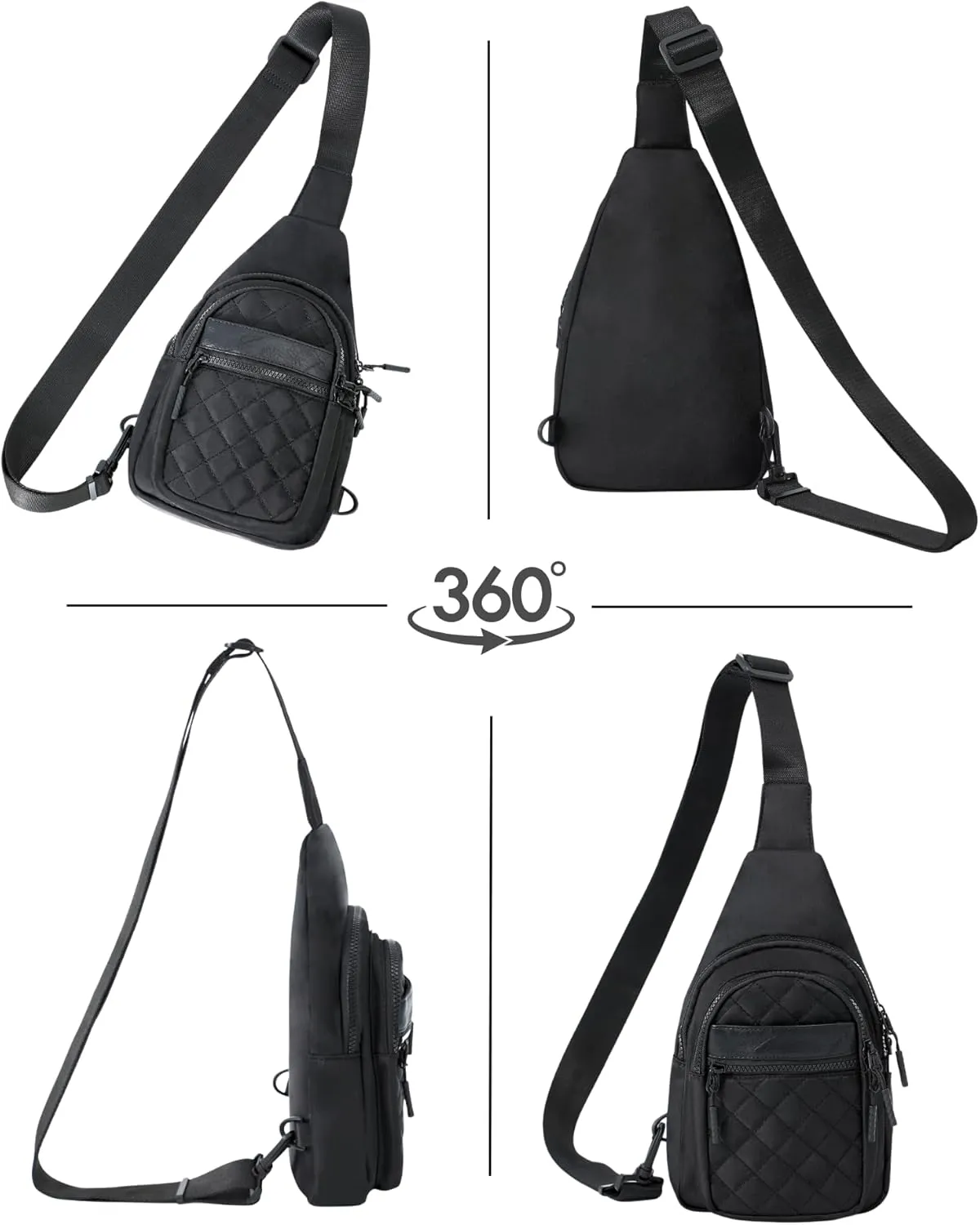 FORZAROCKET Sling Bag Double Compartment w/Long Strap 66" - Crossbody Bag w/Extended Strap - Women Men Fanny Pack - Two-Way Durable Zipper - Compact Sling Backpack - Plus Size Friendly, Black Quilted