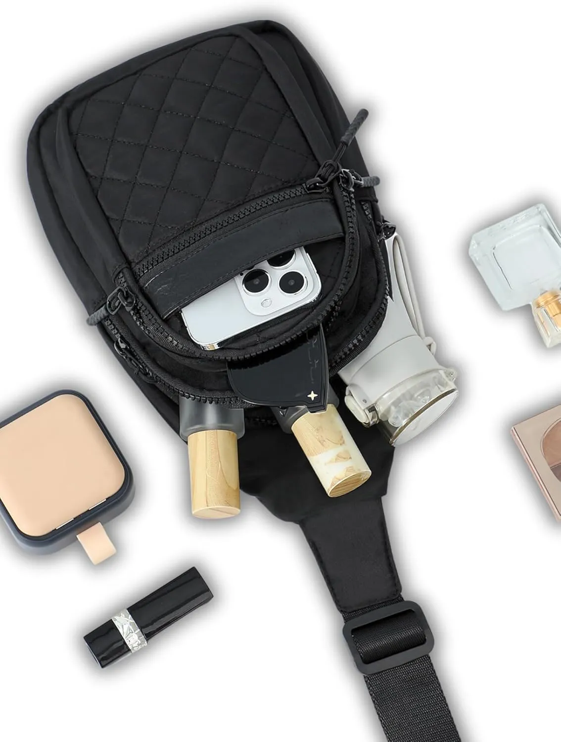 FORZAROCKET Sling Bag Double Compartment w/Long Strap 66" - Crossbody Bag w/Extended Strap - Women Men Fanny Pack - Two-Way Durable Zipper - Compact Sling Backpack - Plus Size Friendly, Black Quilted