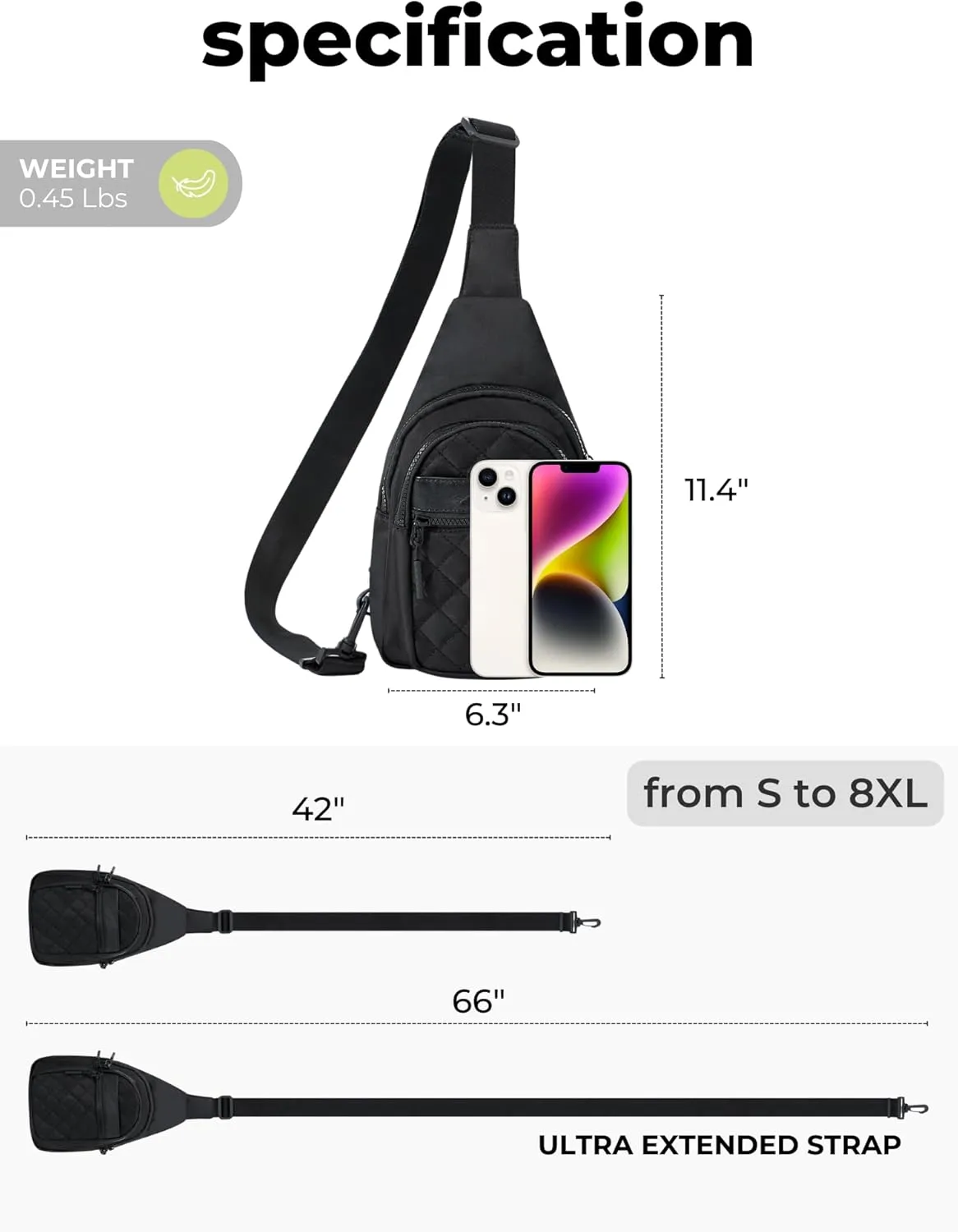 FORZAROCKET Sling Bag Double Compartment w/Long Strap 66" - Crossbody Bag w/Extended Strap - Women Men Fanny Pack - Two-Way Durable Zipper - Compact Sling Backpack - Plus Size Friendly, Black Quilted
