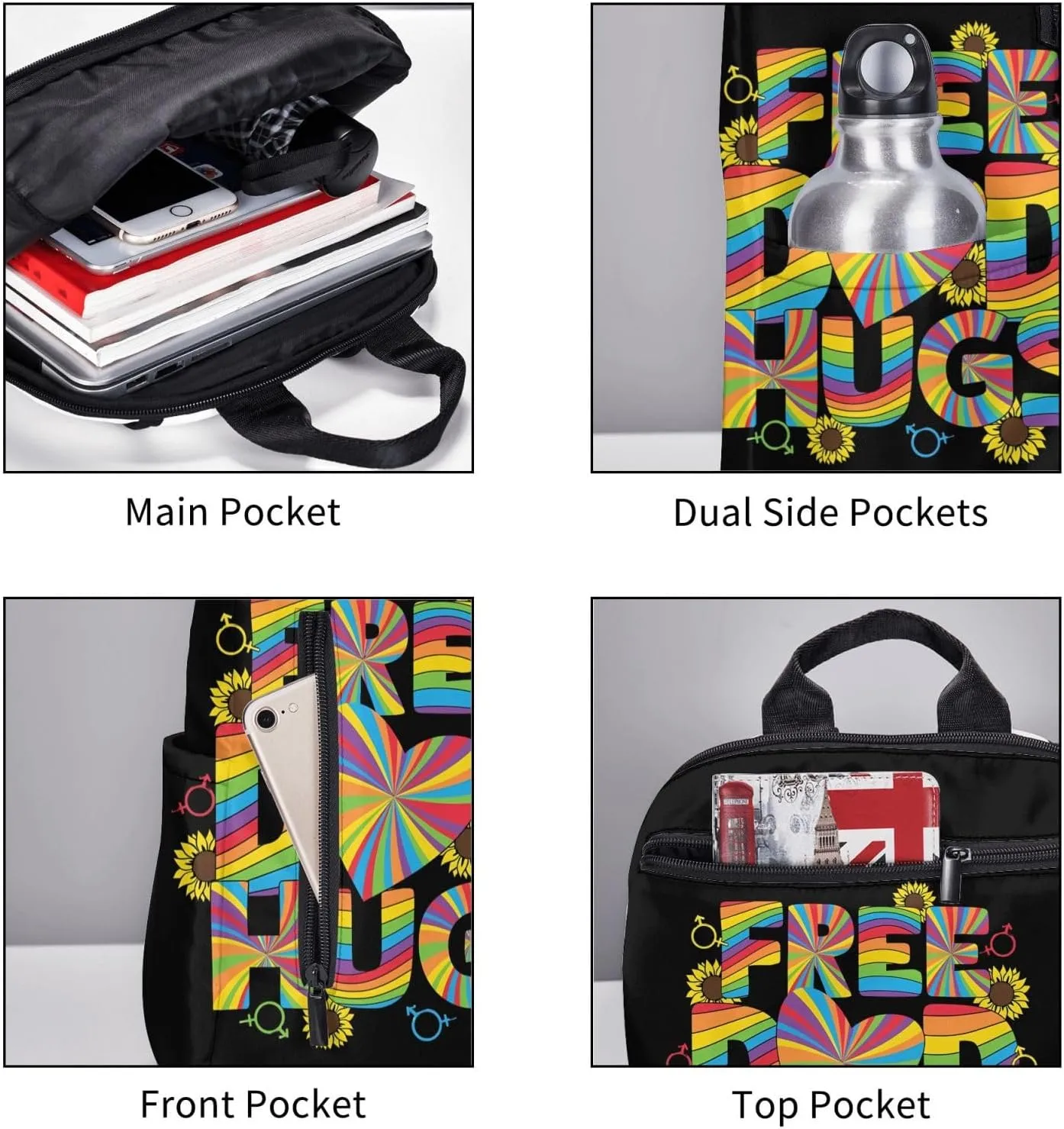Free Dad Hugs LGBT Rainbow Gay Pride Travel Laptop Backpack Casual Backpacks Double Shoulder Daypack Notebook Rucksack Work Bags Sports Bag for Hiking Camping Beach