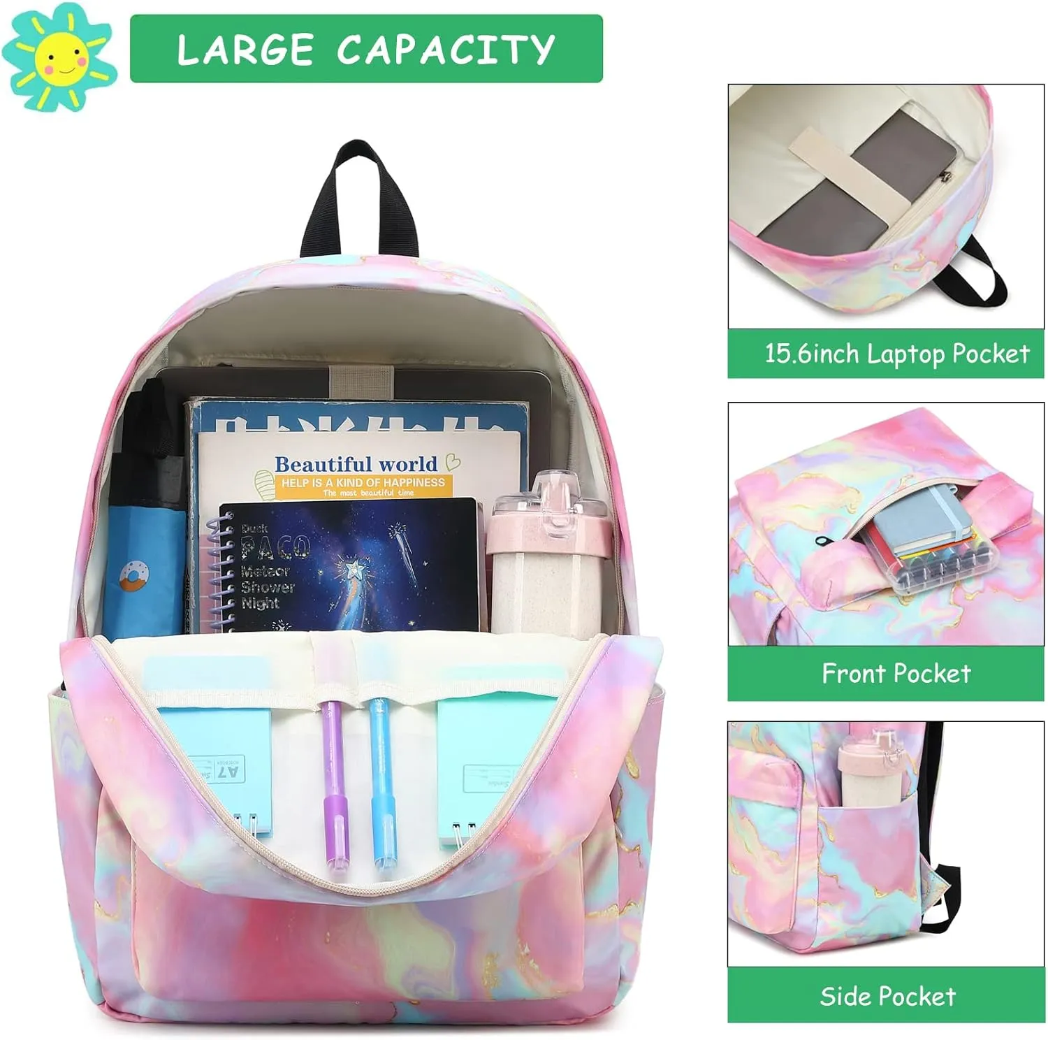 Fuyicat Marble School Backpack for Girls, Kids Teens Elementary Middle School Bag Women College Bookbag Laptop Backpacks (Pink)