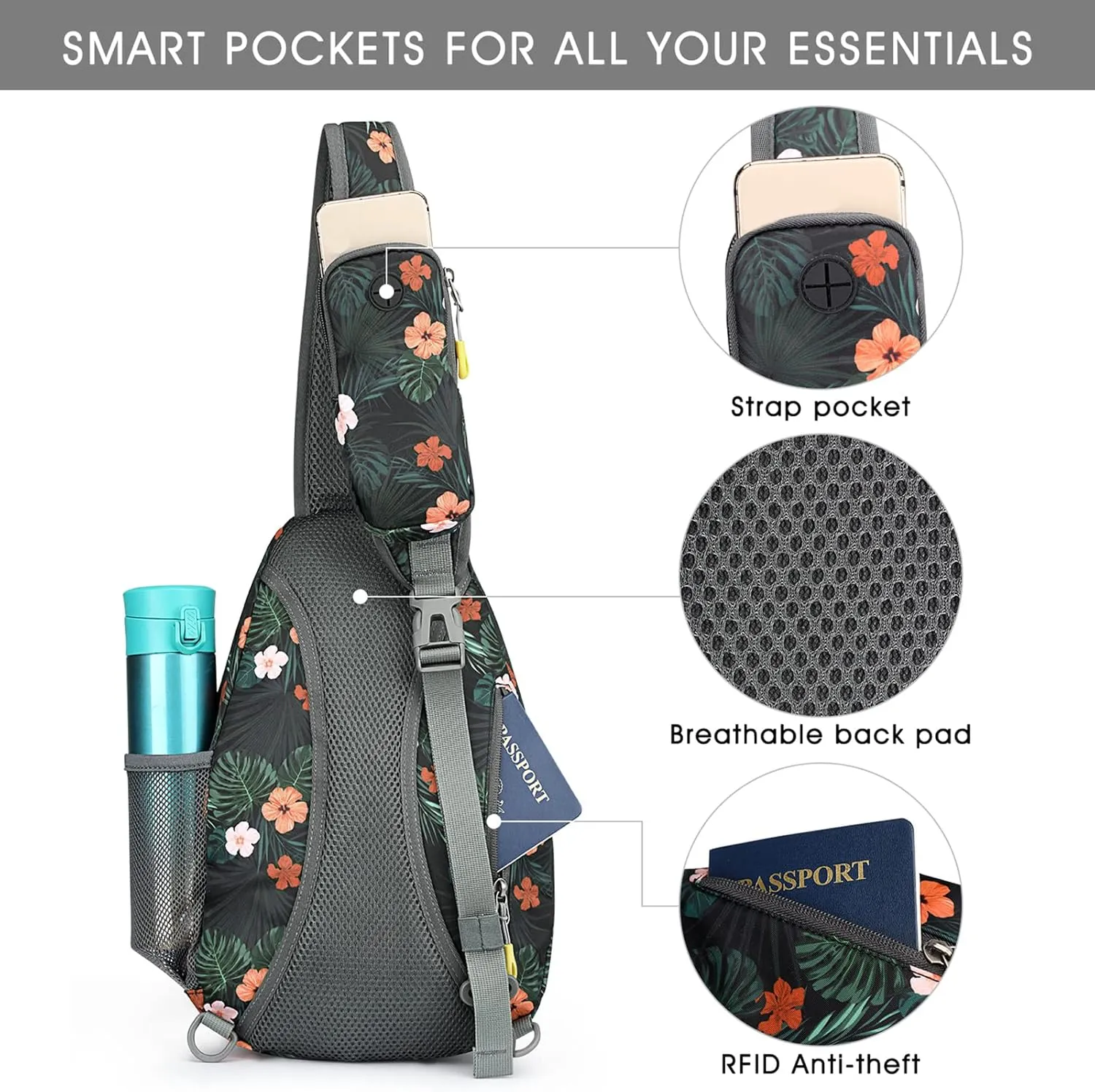 G4Free RFID Sling Bag Crossbody Backpack Casual Chest Shoulder Daypack Gym Bag for Hiking Travel 7L(Black Base Floral)