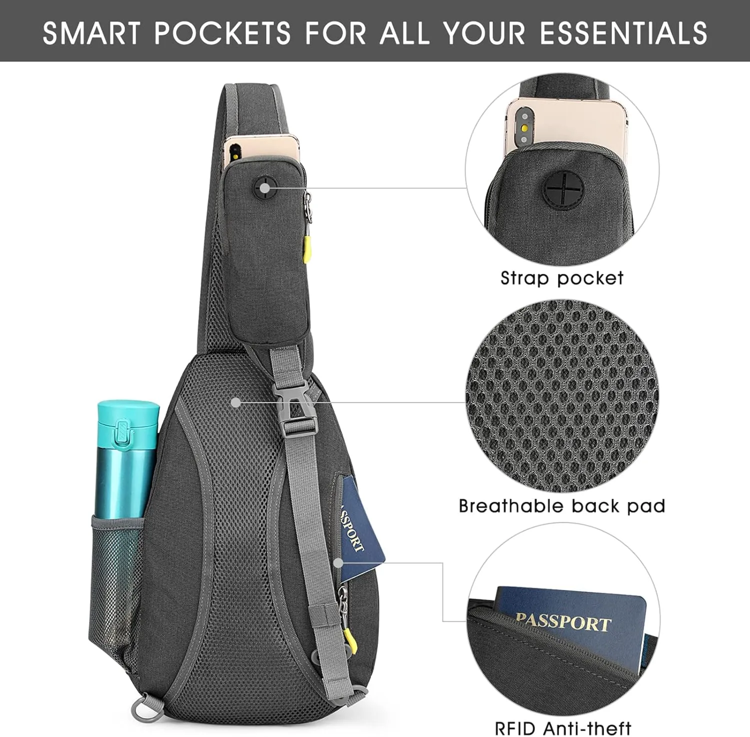 G4Free RFID Sling Bag Crossbody Backpack Casual Chest Shoulder Daypack Gym Bag for Hiking Travel 7L(Gray)