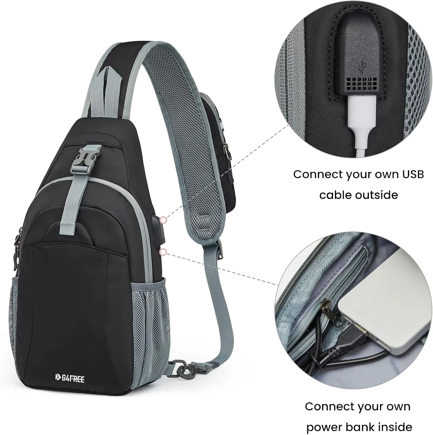 G4Free Sling Bag RFID Crossbody Sling Backpack with USB Charging Port, Travel Hiking Daypack Shoulder Chest Bag for Women Men(Black)
