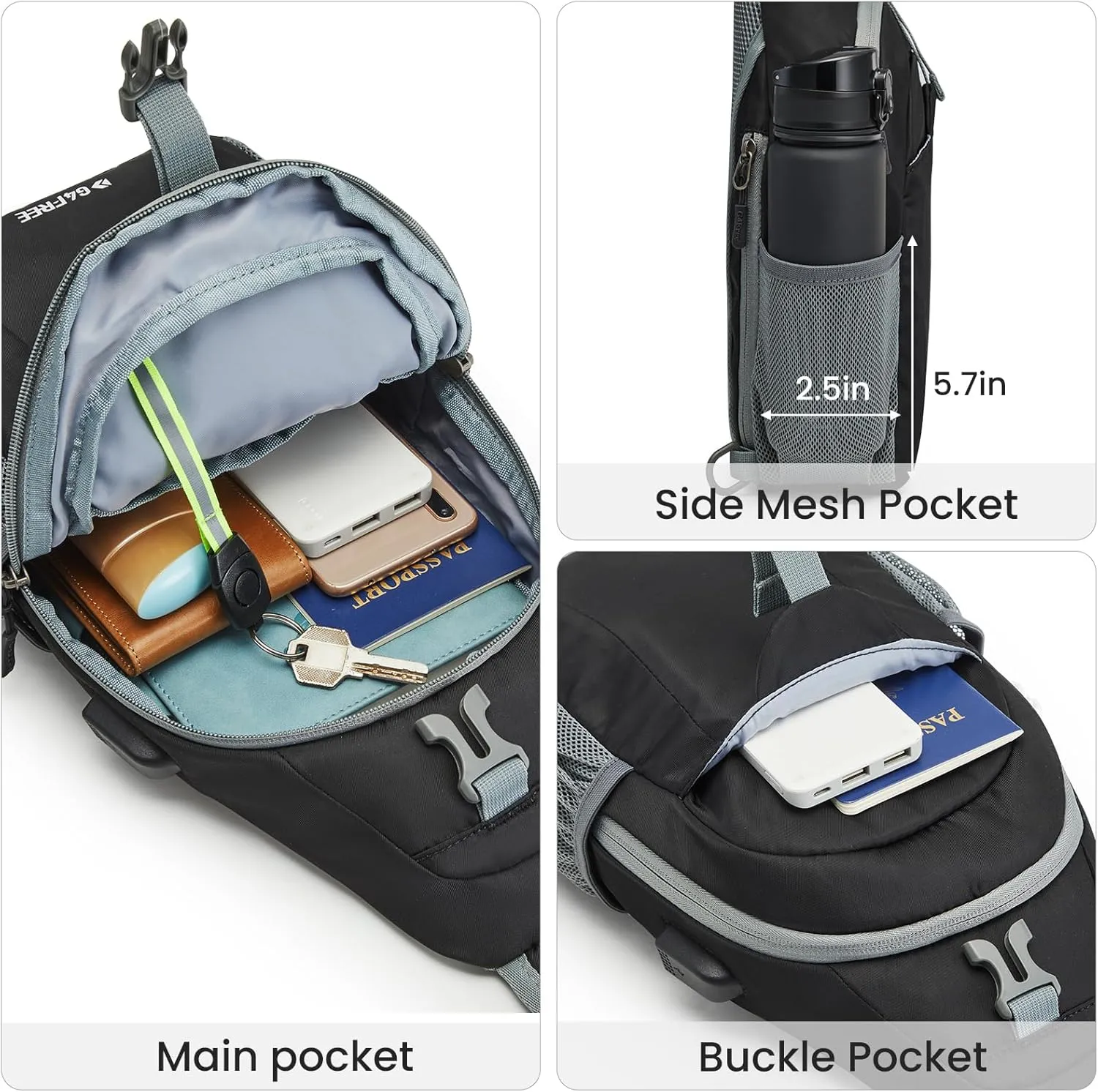 G4Free Sling Bag RFID Crossbody Sling Backpack with USB Charging Port, Travel Hiking Daypack Shoulder Chest Bag for Women Men(Black)