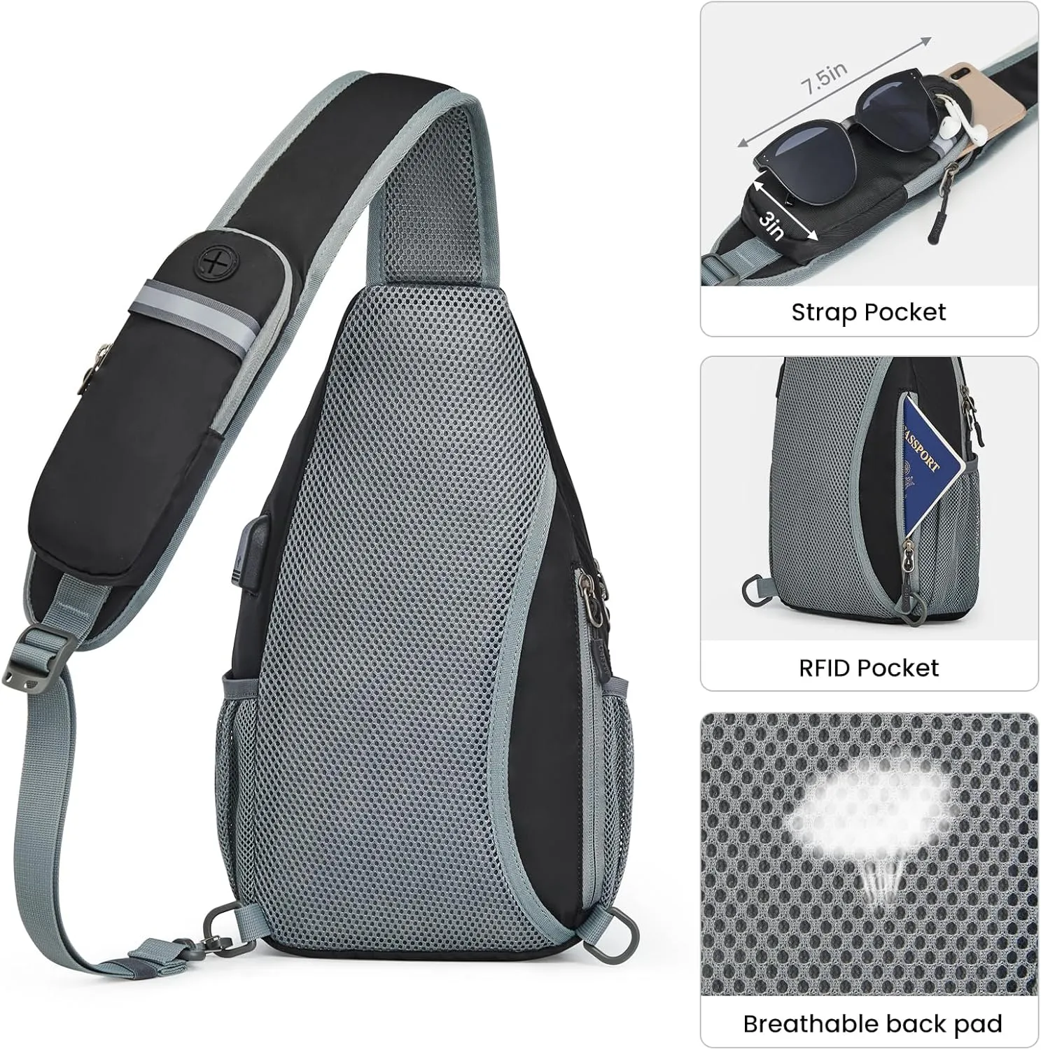 G4Free Sling Bag RFID Crossbody Sling Backpack with USB Charging Port, Travel Hiking Daypack Shoulder Chest Bag for Women Men(Black)