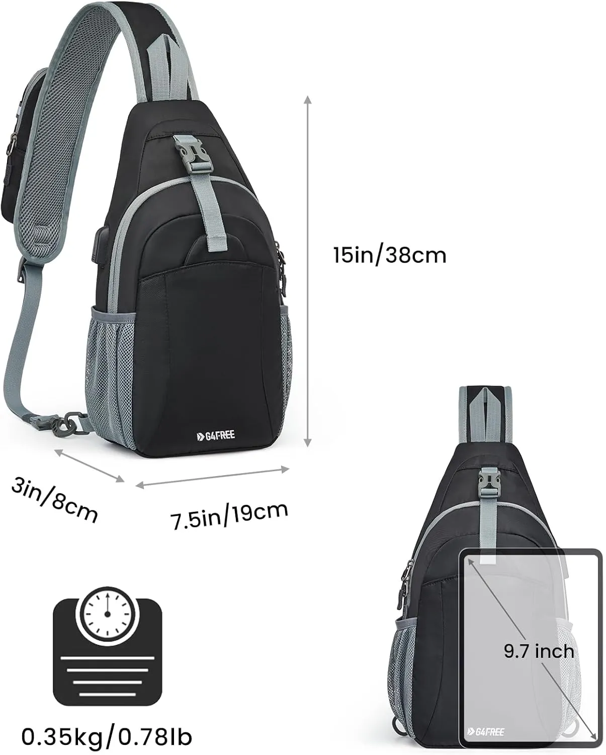 G4Free Sling Bag RFID Crossbody Sling Backpack with USB Charging Port, Travel Hiking Daypack Shoulder Chest Bag for Women Men(Black)