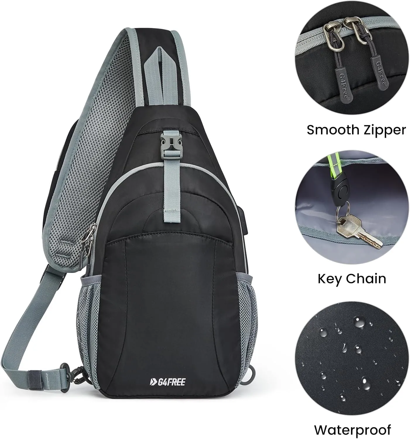 G4Free Sling Bag RFID Crossbody Sling Backpack with USB Charging Port, Travel Hiking Daypack Shoulder Chest Bag for Women Men(Black)