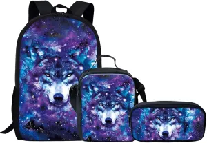 Galaxy Wolf Print Kids Primary School Backpack Animal Wolf Girls Boys Elementary Students Bookbag with Insulated Lunch Box Pencil Case