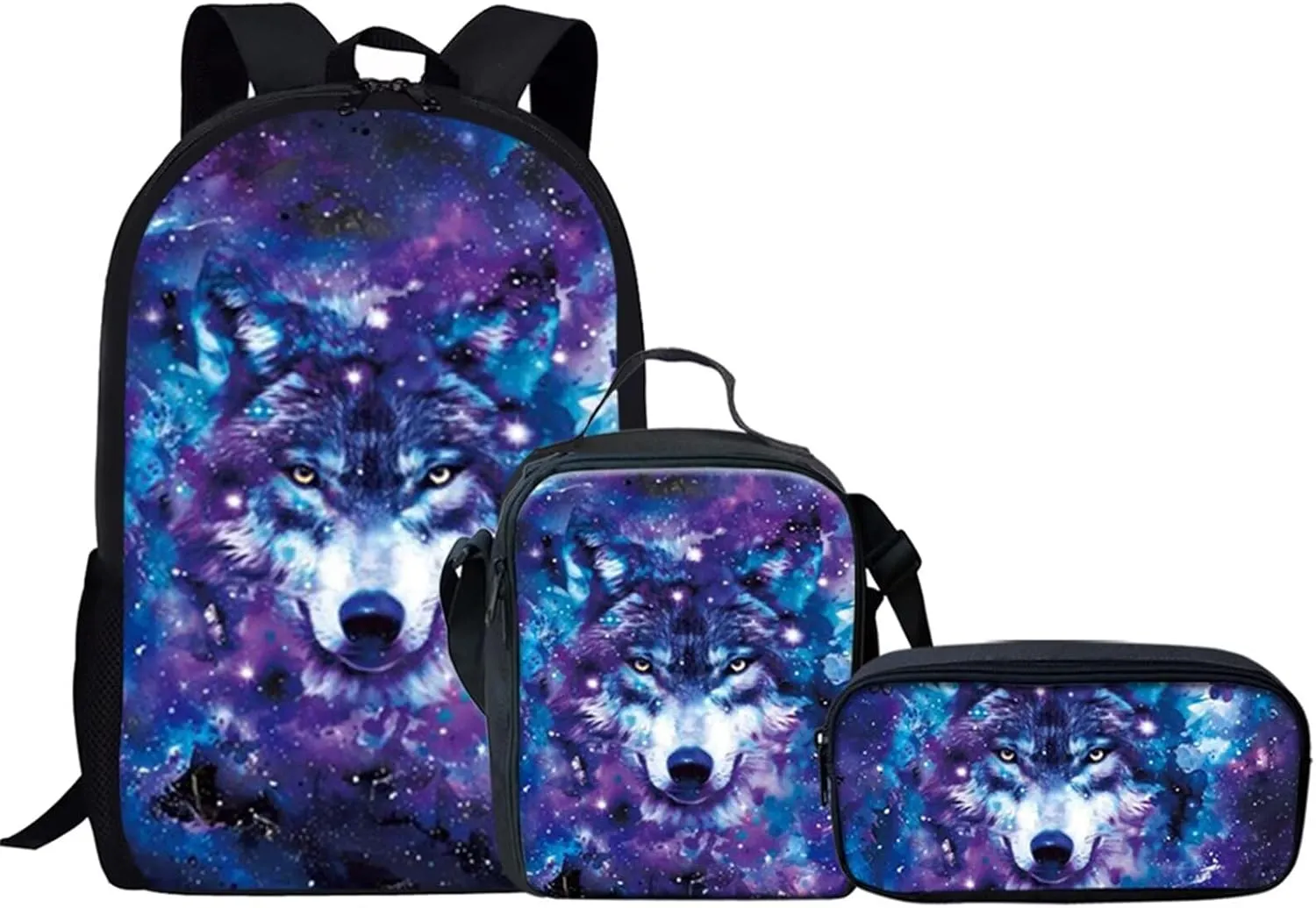 Galaxy Wolf Print Kids Primary School Backpack Animal Wolf Girls Boys Elementary Students Bookbag with Insulated Lunch Box Pencil Case