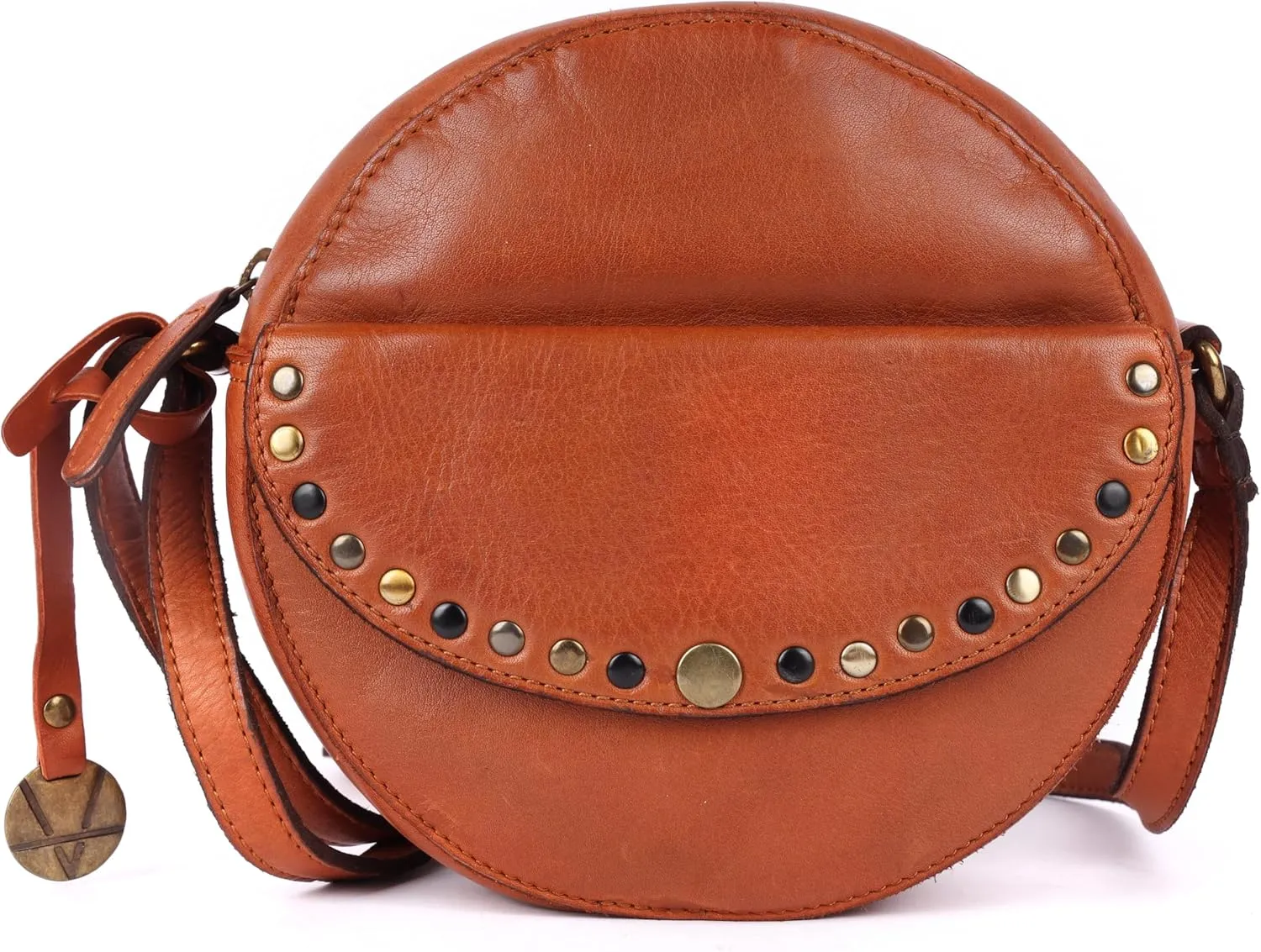 Genuine Italian Leather Boho Studded Round Crossbody Sling Bag - Stylish, Durable, & Perfect for Everyday Use for women